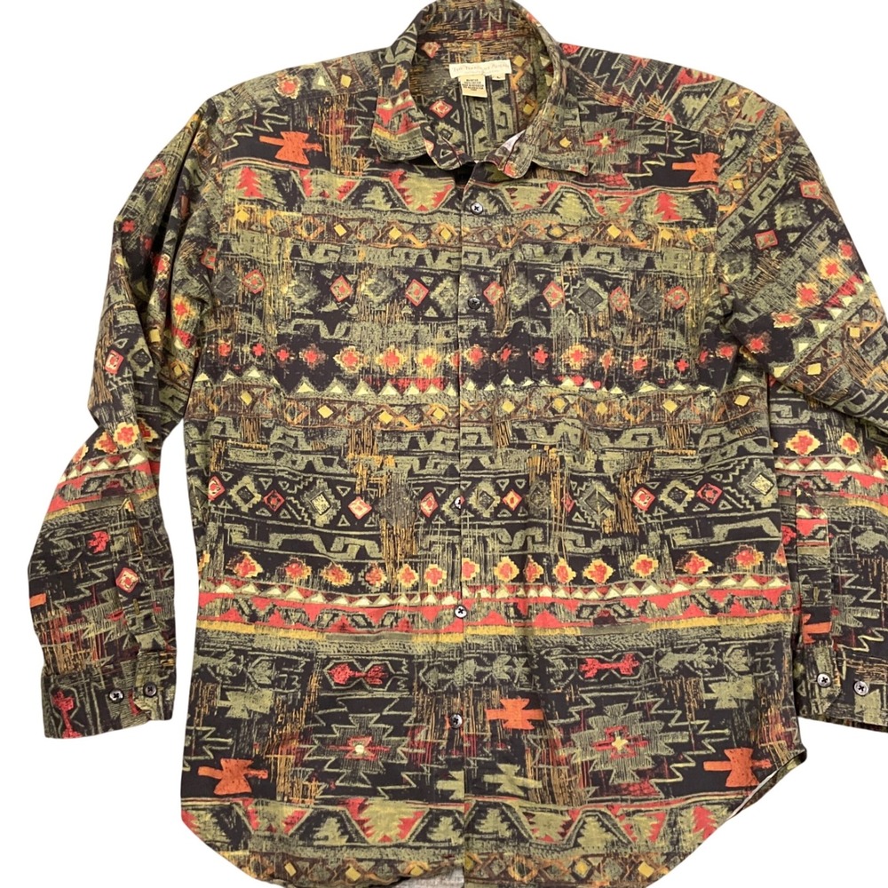 Territory Ahead Shirt‎ Mens Large Green Orange Southwestern Tribal Aztec Vivid